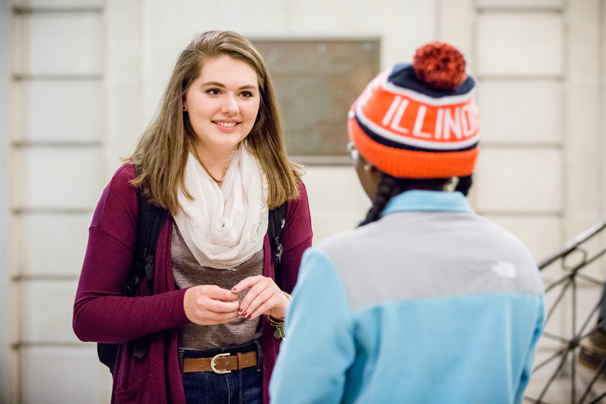 Image: Two Illinois students have a conversation.