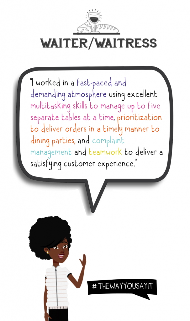 Waiter/waitress: I worked in a fast paced and demanding atmosphere using excellent multitasking skills to manage up to five separate tables at a time, prioritization to deliver orders in a timely manner to dinner parties and complaint management and teamwork to deliver a satisfying customer experience.